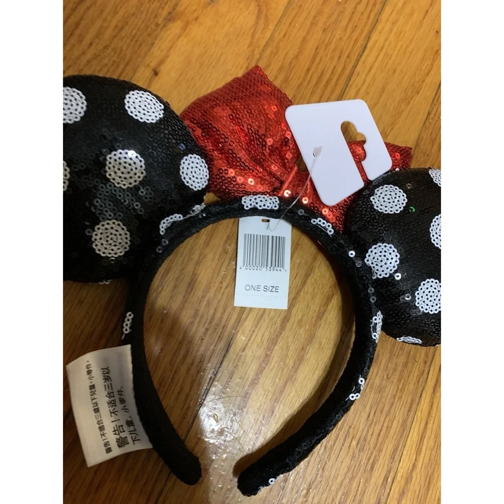 Disney Parks Minnie Mouse Sequined Black White Polka Dot Red Bow Ears Headband